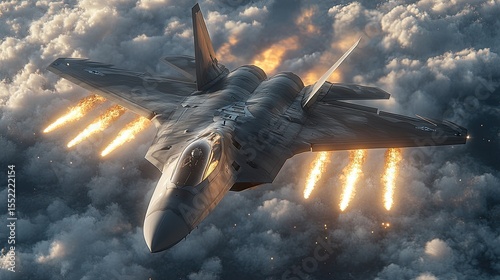 Fighter plane streaks across the sky while releasing countermeasures during surprise enemy ambush