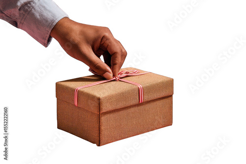 anonymous hands inserting tech gadget into gift-wrapped parcel with Prime-style ribbon, studio lightbox --ar 3:2