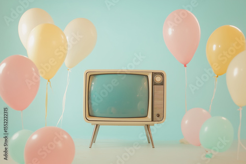 A fun, colorful vector illustration of a retro TV celebrating a happy birthday party with flying balloons and vibrant decorations