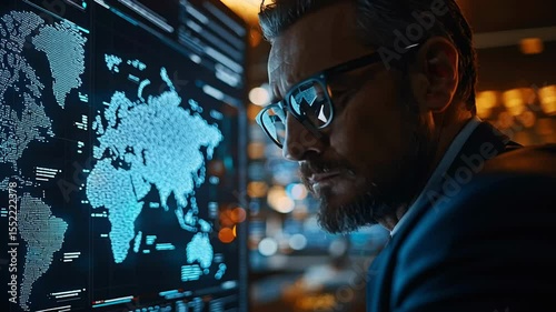 Focused mature caucasian man analyzing global data on digital map in dark room. World map, futuristic, analysis, global business