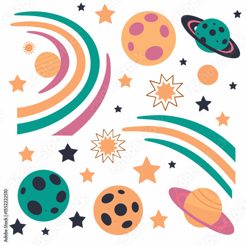 Whimsical planets and colorful space swirls