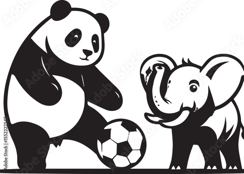 Panda with soccer ball and elephant wearing sunglasses form a whimsical black and white graphic.
