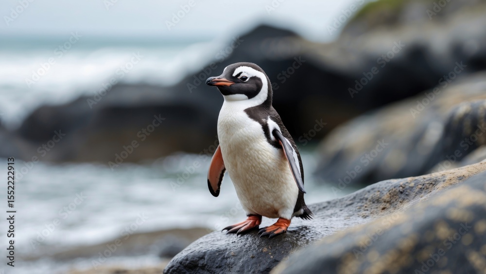 Fototapeta premium Cute Small Penguin Standing On The Rock Near A Beach