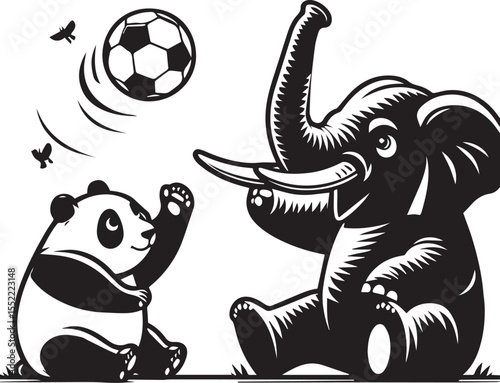Panda with soccer ball and elephant wearing sunglasses form a whimsical black and white graphic.