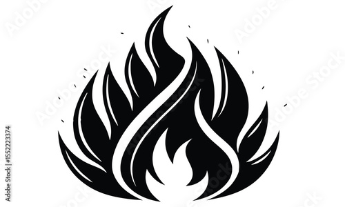 A stylized black and white graphic representation of a roaring flame with dynamic curves and sharp edges conveying intensity and energy on a clean white background