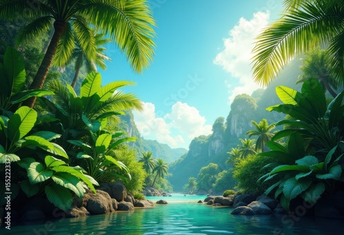 vibrant palm leaves tropical paradise blue sky contrast nature scenery exotic amelia foliage sunlight, sunset, green, plant, lush, ocean, beach, branches