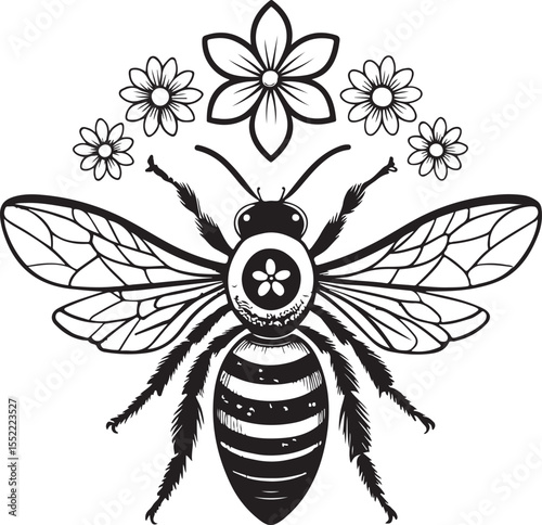 Bee Honeybee with Flowers Emblem Stamp Vector Illustration, Sketch Drawing Line Linear Symbol Icon Engraving Coloring Book, Hand-drawn Black and White Isolated