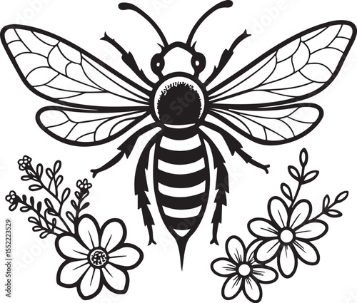Bee Honeybee with Flowers Emblem Stamp Vector Illustration, Sketch Drawing Line Linear Symbol Icon Engraving Coloring Book, Hand-drawn Black and White Isolated
