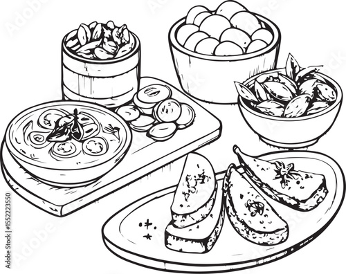 Tapas Vector Illustration, Sketch Drawing Line Linear Symbol Icon Engraving Coloring Book, Hand-drawn Black and White Isolated