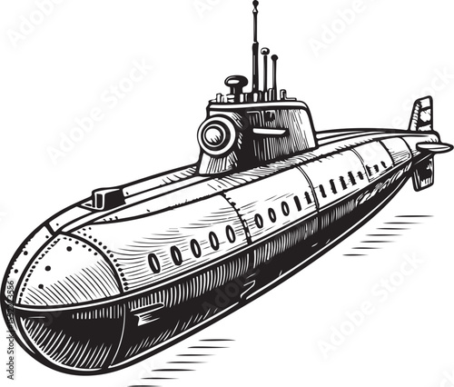 Submarine Vector Illustration, Sketch Drawing Line Linear Symbol Icon Engraving Coloring Book, Hand-drawn Black and White Isolated