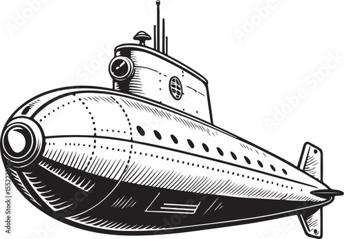 Submarine Vector Illustration, Sketch Drawing Line Linear Symbol Icon Engraving Coloring Book, Hand-drawn Black and White Isolated