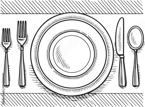 Table setting, Dining Set, Vector Illustration, Sketch Drawing Line Linear Symbol Icon Engraving Coloring Book, Hand-drawn Black and White Isolated