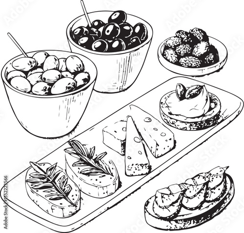 Tapas Vector Illustration, Sketch Drawing Line Linear Symbol Icon Engraving Coloring Book, Hand-drawn Black and White Isolated