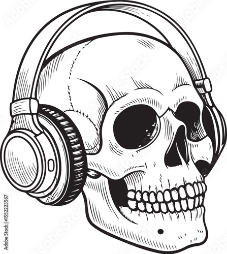 Skull in Headphones Listening to Music Vector Illustration, Sketch Drawing Line Linear Symbol Icon Engraving Coloring Book, Hand-drawn Black and White Isolated