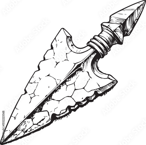 stone arrow head Vector Illustration, Sketch Drawing Line Linear Symbol Icon Engraving Coloring Book, Hand-drawn Black and White Isolated
