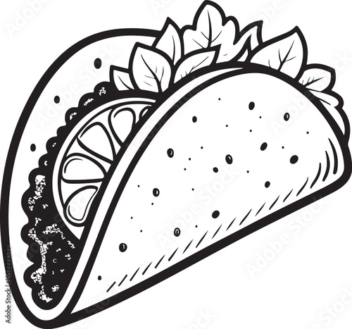 tortilla or taco Vector Illustration, Sketch Drawing Line Linear Symbol Icon Engraving Coloring Book, Hand-drawn Black and White Isolated