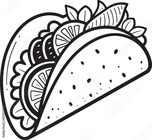 tortilla or taco Vector Illustration, Sketch Drawing Line Linear Symbol Icon Engraving Coloring Book, Hand-drawn Black and White Isolated