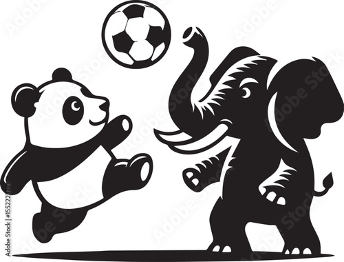Panda with soccer ball and elephant wearing sunglasses form a whimsical black and white graphic.