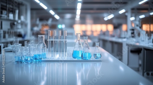 Laboratory glassware filled with blue liquid on a lab bench.
