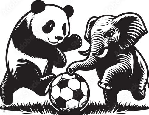Panda with soccer ball and elephant wearing sunglasses form a whimsical black and white graphic.