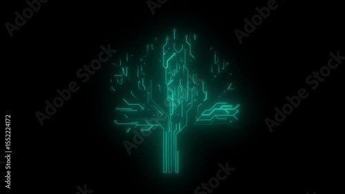 Glowing Futuristic Circuit Tree – Tech Nature Integration Background.Animation of seamless loop