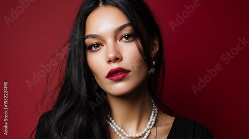 Elegant woman with dark hair and bold lipstick posing against a vibrant red backdrop adorned with delicate pearl necklaces