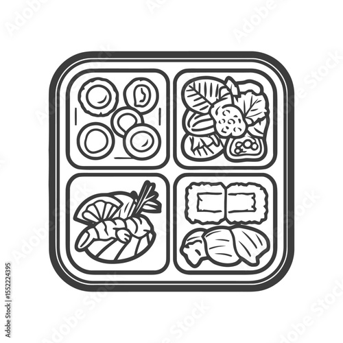 Bento Box Line Art: Japanese Cuisine Assortment in Square Container