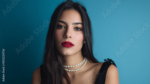 Elegant young woman with long dark hair and striking red lips poses against a blue background, showcasing a sophisticated look with pearl jewelry and a sleek black outfit