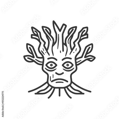 Ent-like Tree Creature with Sad Expression, Line Art Illustration