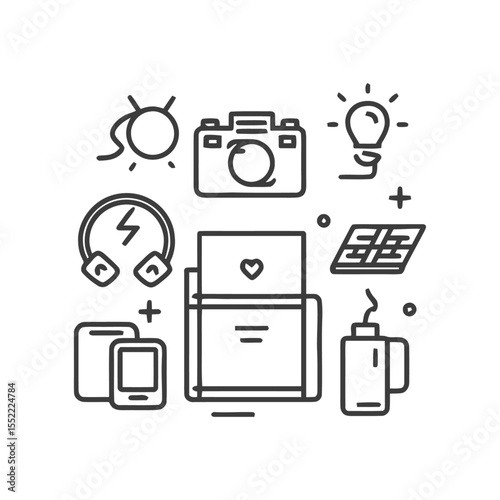 Minimalist Line Art: Creative Workspace Essentials with Camera, Coffee, and Inspiration