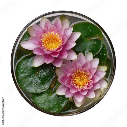Pink water lilies in glass bowl isolated on transparent background