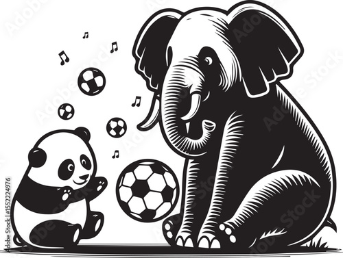 Panda with soccer ball and elephant wearing sunglasses form a whimsical black and white graphic.