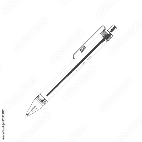 Detailed Line Art: Transparent Ballpoint Pen with Pocket Clip on White
