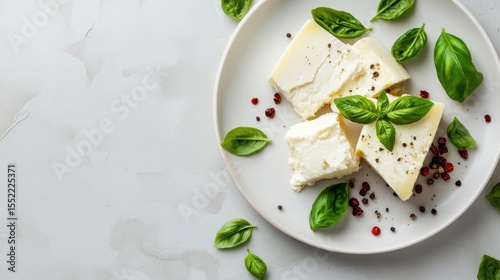 A beautifully arranged plate of creamy feta cheese topped with fresh basil leaves, showcasing gourmet food styling that highlights culinary artistry and freshness.