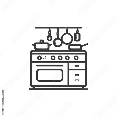 Kitchen Stove Icon with Hanging Utensils, Minimalist Line Art