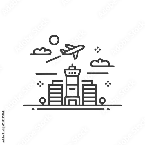 Airport Icon: Airplane Taking Off from City with Control Tower and Buildings