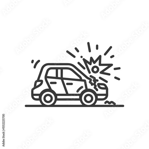 Car Crash Icon: Damaged Vehicle with Impact Sparks, Line Art Style