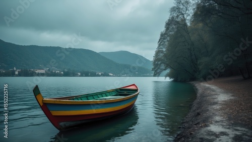 Colorful Boat At The Side Of A Lake with Empty Copy Space For Text