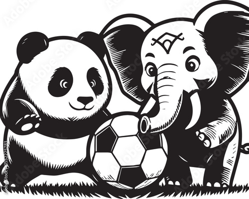 Panda with soccer ball and elephant wearing sunglasses form a whimsical black and white graphic.
