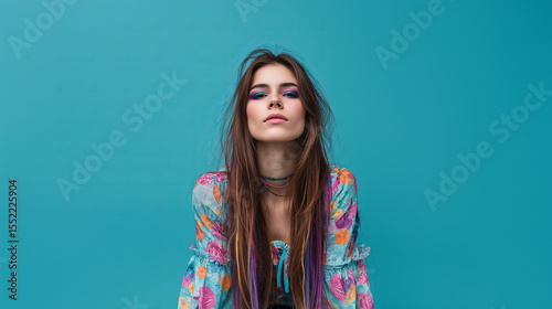 Young woman with long flowing hair and colorful attire poses confidently against a vibrant blue background, showcasing a trendy and fashionable style in an urban setting