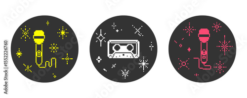 Set of pixel icons of microphone, cassette and sparkles. 8 bit abstract shapes in pixel art. Scattered pixel glitter stars. Retro Y2K shapes with festive cosmic light.
