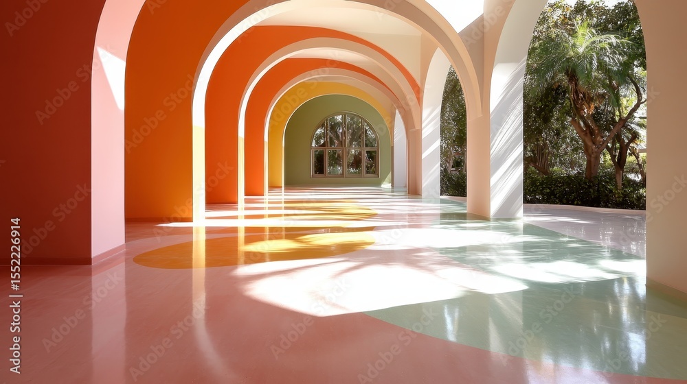 Fototapeta premium This striking image captures colorful arches in a modern architectural space, showcasing innovative design and artistry that blend seamlessly with natural light and shadows.