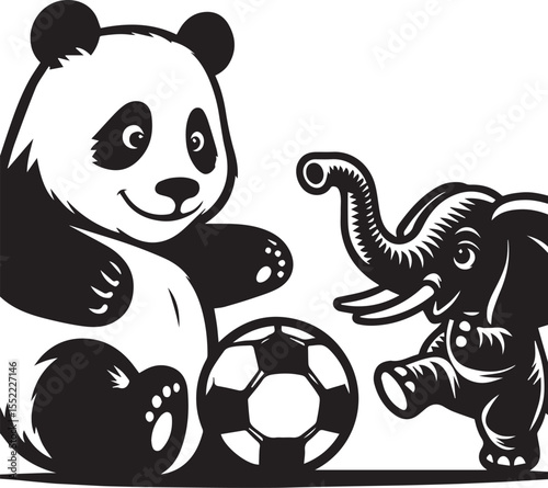 Panda with soccer ball and elephant wearing sunglasses form a whimsical black and white graphic.