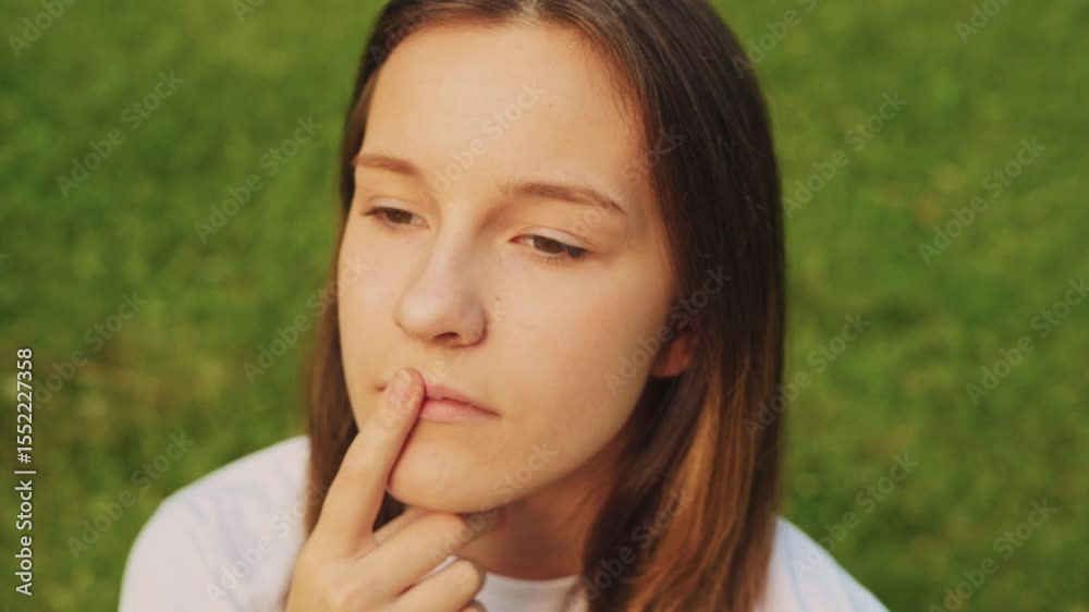 Young girl deep in thought while sitting on grass in a park during sunny afternoon