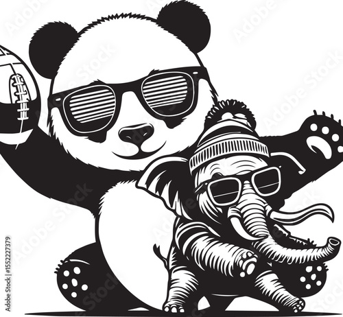 Panda with soccer ball and elephant wearing sunglasses form a whimsical black and white graphic.