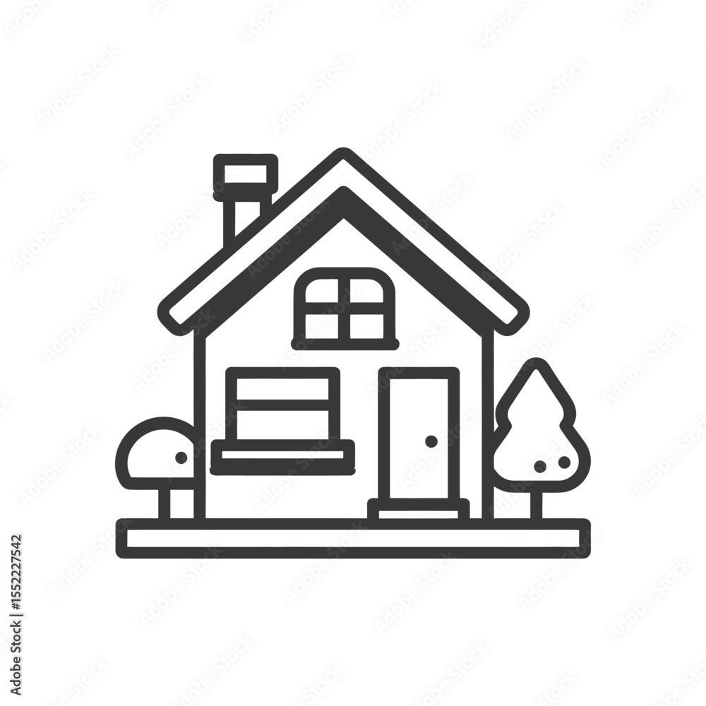 Minimalist House Icon with Tree and Mushroom, Black and White Design Minimalist House Icon with Tree and Mushroom, Black and White Design