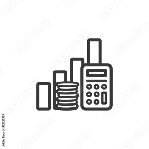 Financial Growth Icon: Stacked Coins, Bar Graph, and Calculator in Simple Line Art