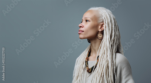 Albinism beauty in profile with white dreadlocks and tribal jewelry against a neutral background