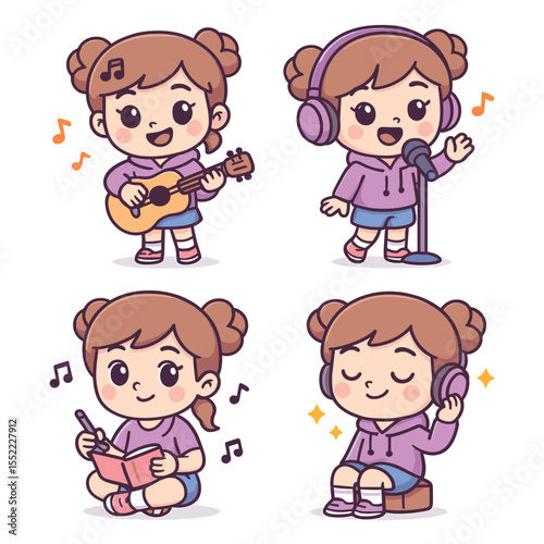 Cute musician girl cartoon vector icon illustration music hobby icon isolated flat vector
