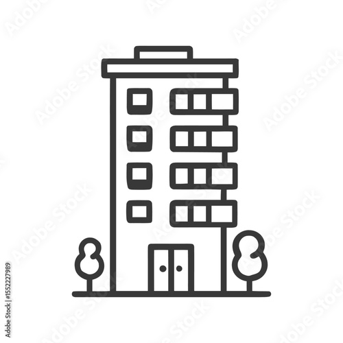 Minimalist Apartment Building Icon with Trees, Clean Line Art Style